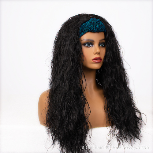 Aishili black long water wave air synthetic hair wig with acid blue headband wig sfor women
